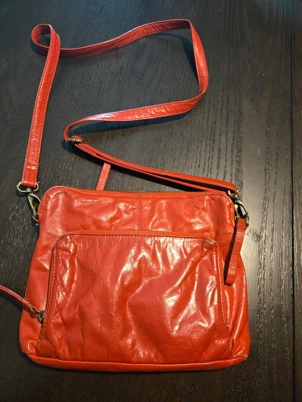 Red Leather Crossbody Bag Adjustable Strap Front Zipper Pocket